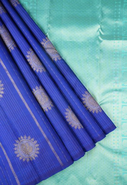 Azure Blue Kanchipuram Silk Sarees with Gold And Silver Zari Peacock Motifs
