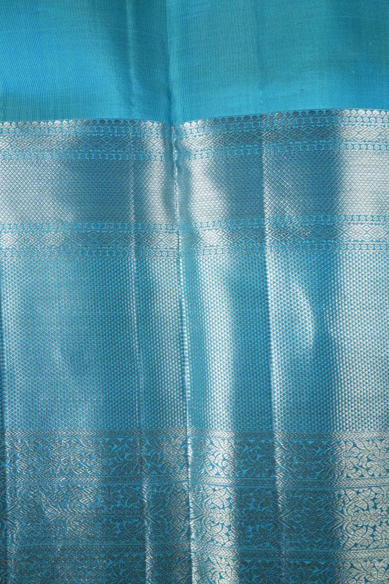 Sky Blue Kanchipuram Silk Sarees with Silver Zari Floral Patterns view 3