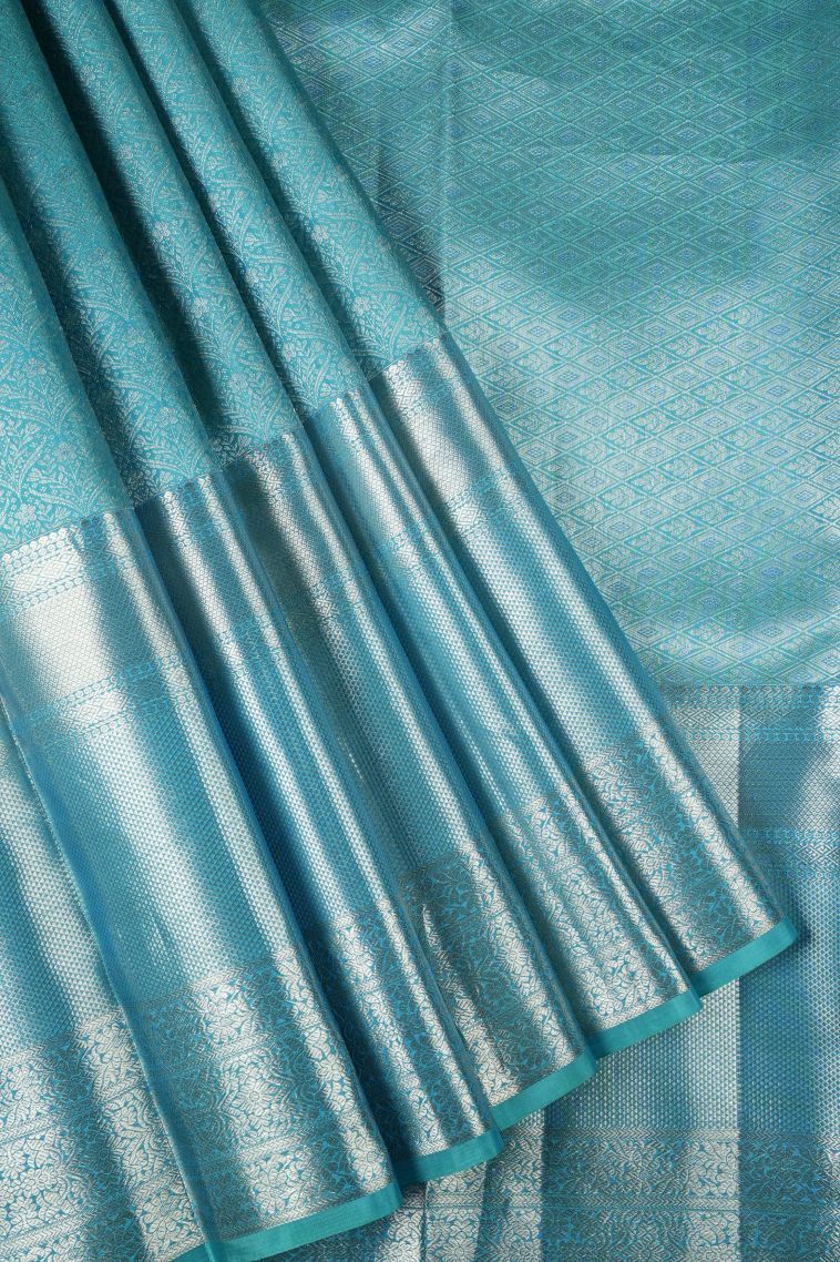 Sky Blue Kanchipuram Silk Sarees with Silver Zari Floral Patterns view 1
