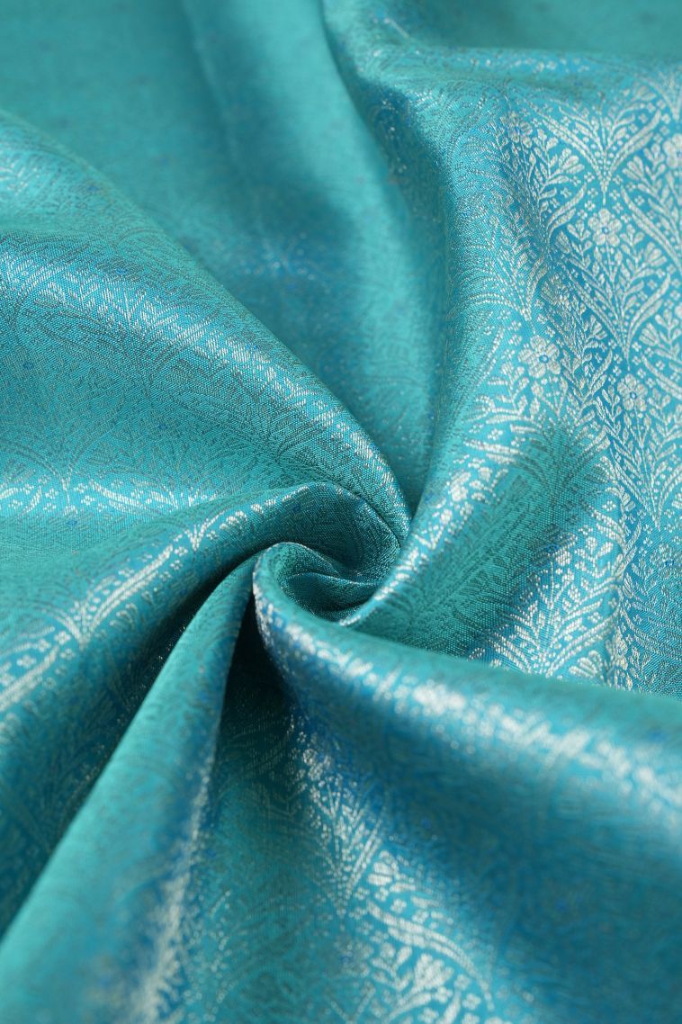 Sky Blue Kanchipuram Silk Sarees with Silver Zari Floral Patterns view 4