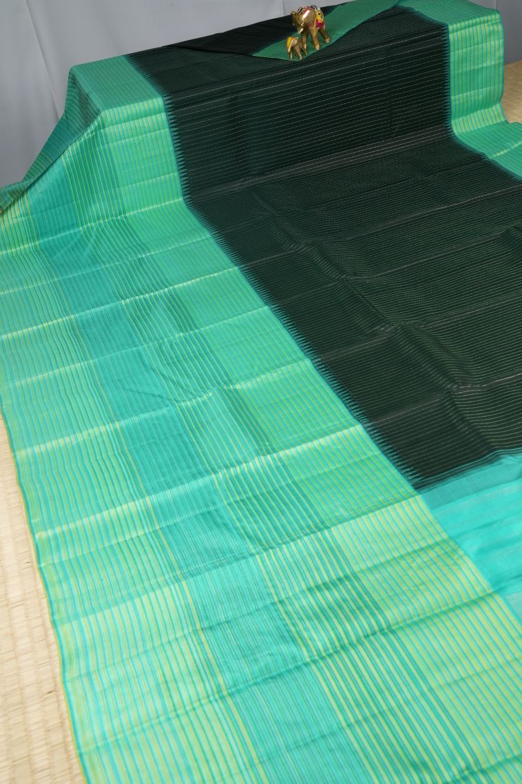 Bottle Green Kanchipuram Silk Sarees with Gold Zari Stripes view 2