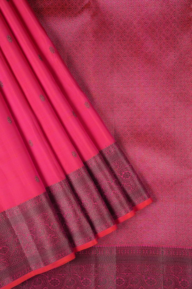 Strawberry Pink Kanchipuram Silk Sarees with Bronze Zari Buttis (small Dots Or Motifs) view 1