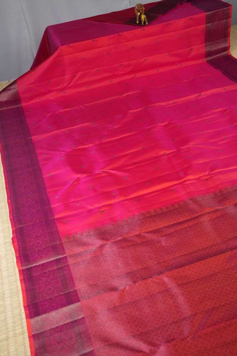 Strawberry Pink Kanchipuram Silk Sarees with Bronze Zari Buttis (small Dots Or Motifs) view 2