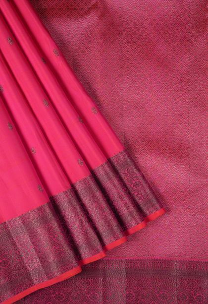 Strawberry Pink Kanchipuram Silk Sarees with Bronze Zari Buttis (small Dots Or Motifs)
