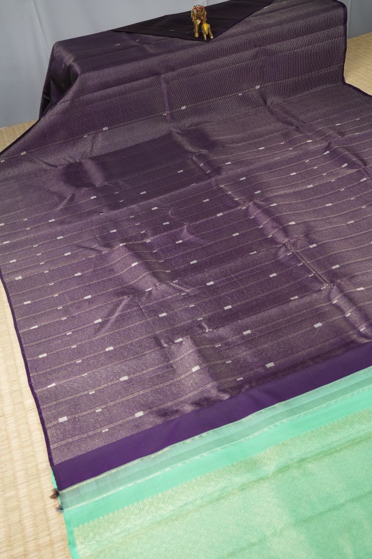 Viola Purple Kanchipuram Silk Sarees with Gold And Silver Zari Stripes view 2