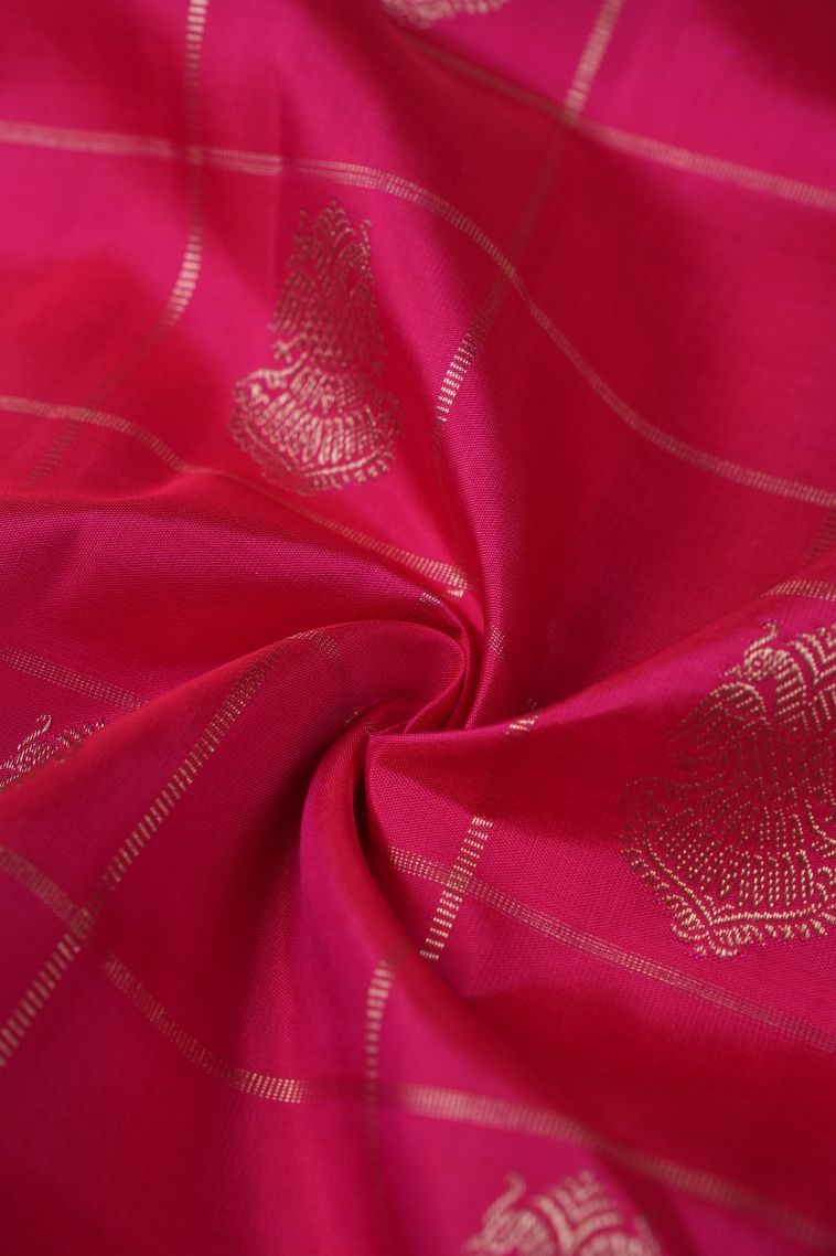 Magenta  Pink Kanchipuram Silk Sarees with Silver Zari Checks view 4