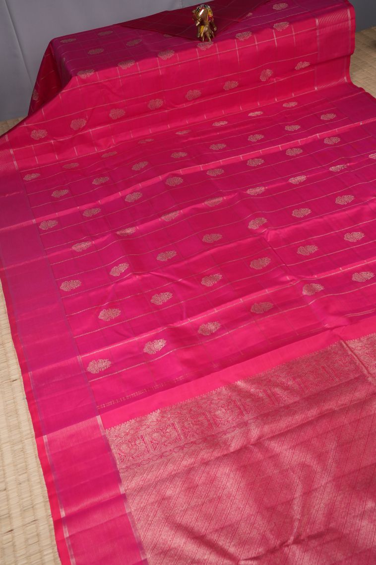 Magenta  Pink Kanchipuram Silk Sarees with Silver Zari Checks view 2