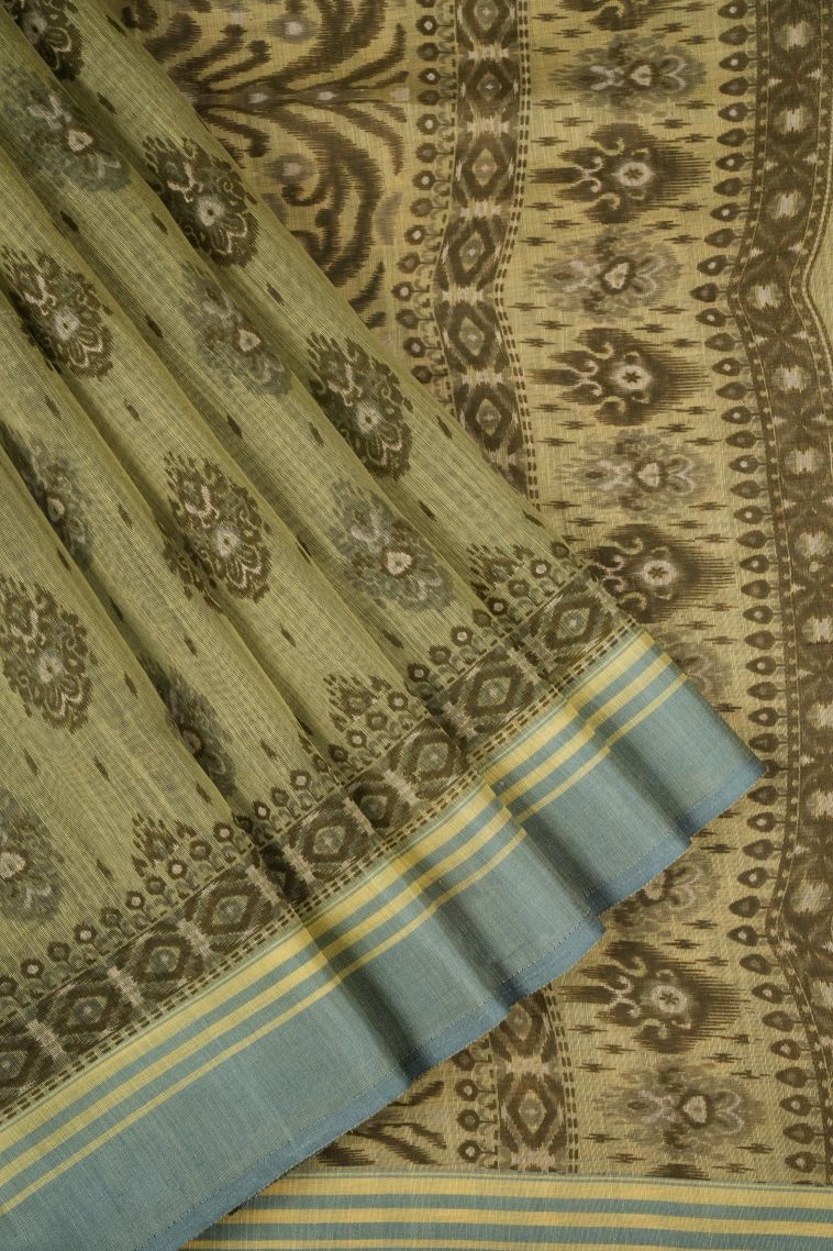 Olive Green Chanderi Cotton Sarees with Without Zari Zari Floral Patterns view 1