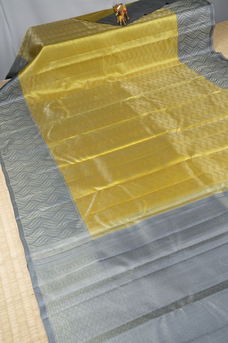 Gold Kanchipuram Silk Sarees with Gold Zari Floral Patterns view 2