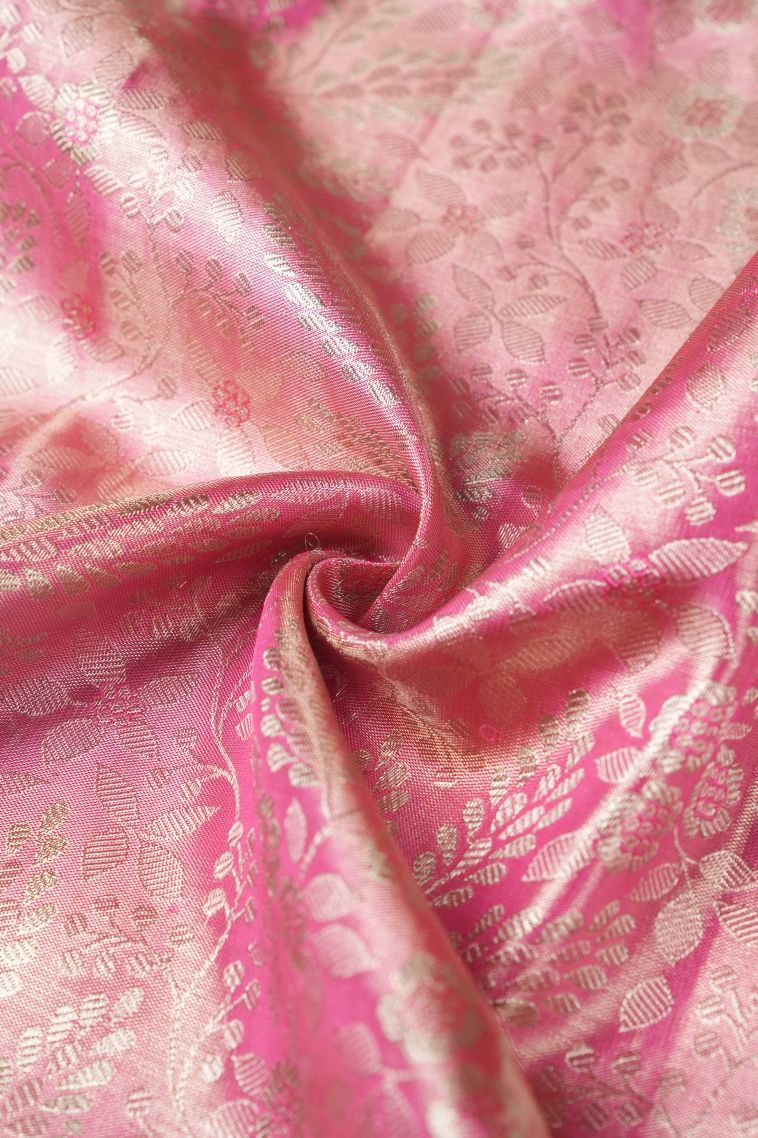 Bubblegum Pink Kanchipuram Silk Sarees with Gold Zari Floral Patterns view 4