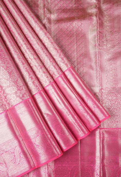 Bubblegum Pink Kanchipuram Silk Sarees with Gold Zari Floral Patterns