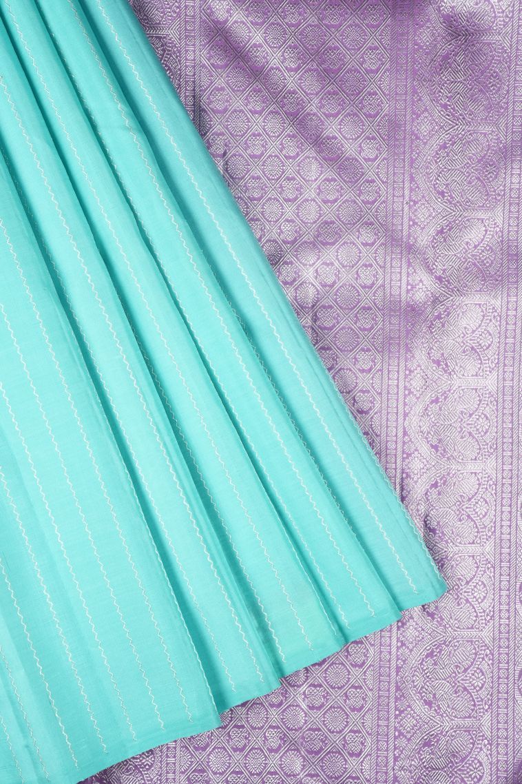Arctic Blue Kanchipuram Silk Sarees with Silver Zari Stripes view 1