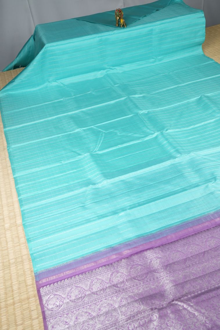 Arctic Blue Kanchipuram Silk Sarees with Silver Zari Stripes view 2