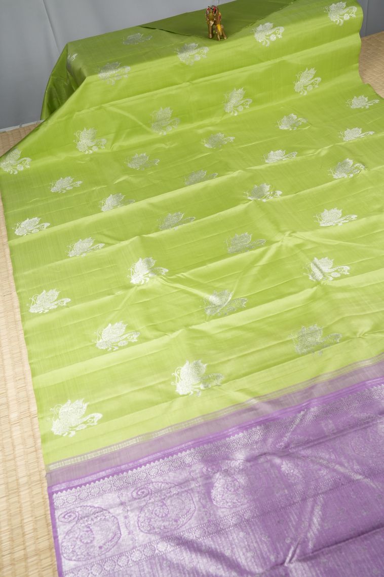 Mint Green Kanchipuram Silk Sarees with Silver Zari Buttis (small Dots Or Motifs) view 2