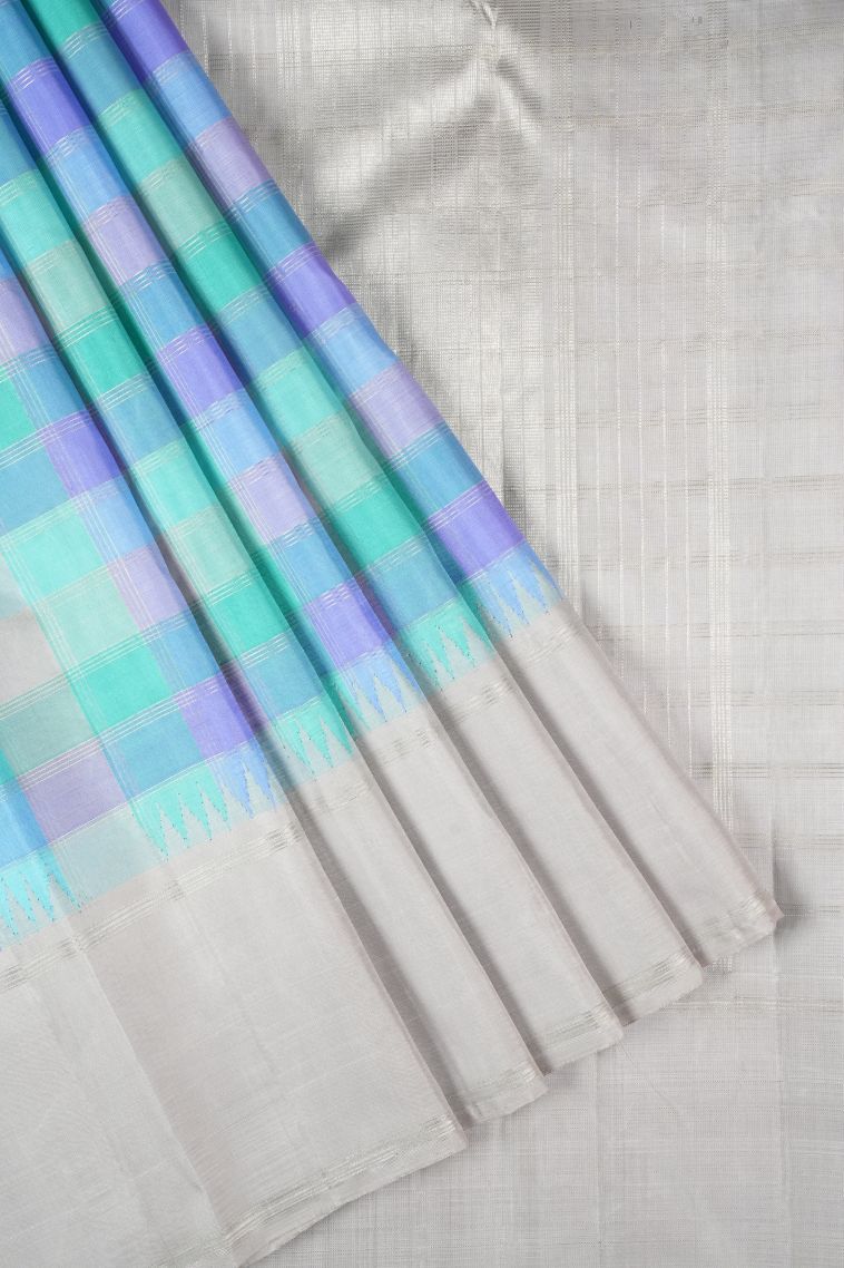 Arctic Blue Kanchipuram Silk Sarees with Without Zari Zari Checks view 1