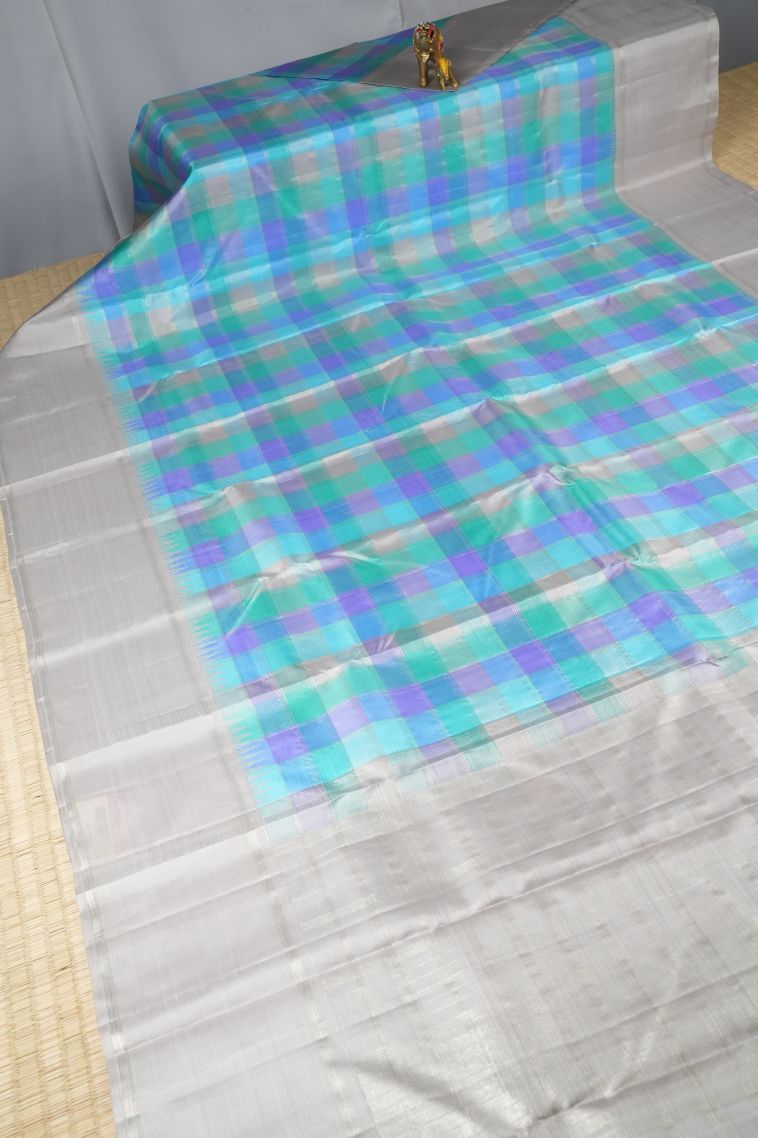 Arctic Blue Kanchipuram Silk Sarees with Without Zari Zari Checks view 2