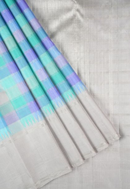 Arctic Blue Kanchipuram Silk Sarees with Without Zari Zari Checks
