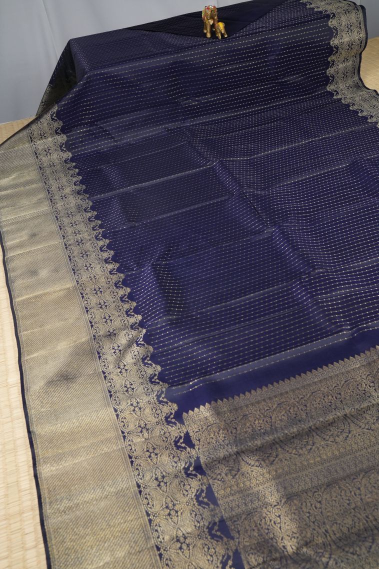 Berry Blue Kanchipuram Silk Sarees with Gold Zari Stripes view 2