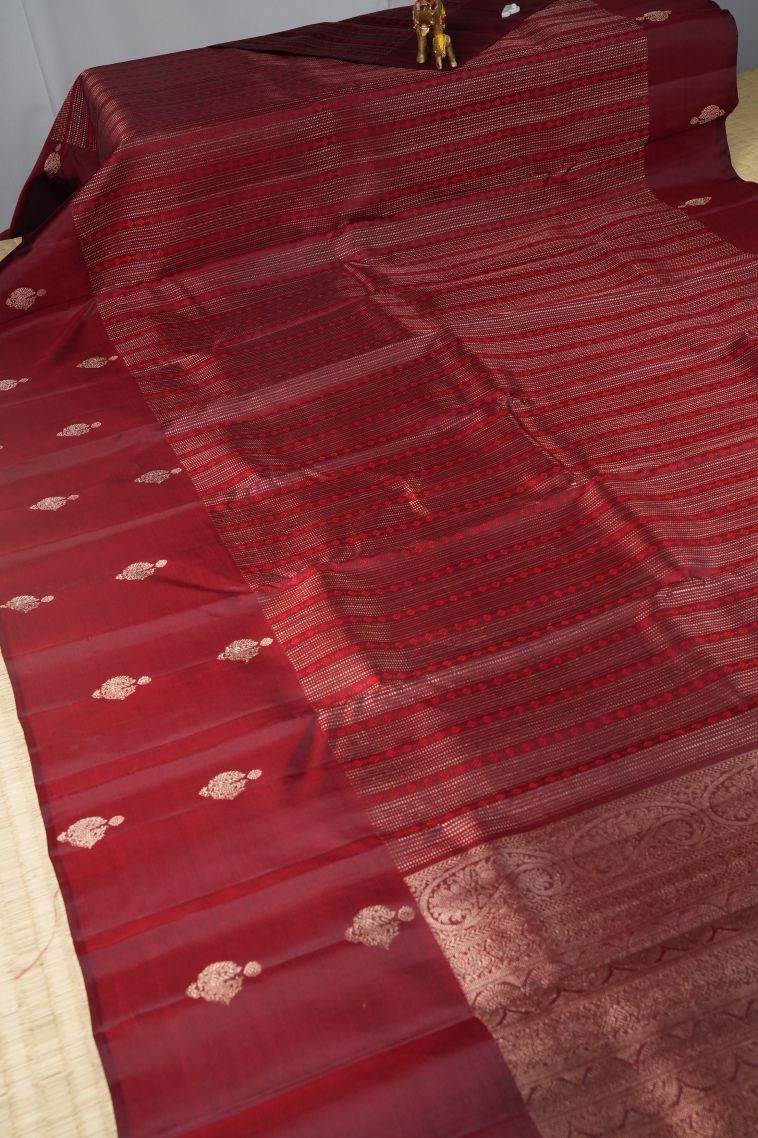 Berry Red Kanchipuram Silk Sarees with Gold Zari Stripes view 2