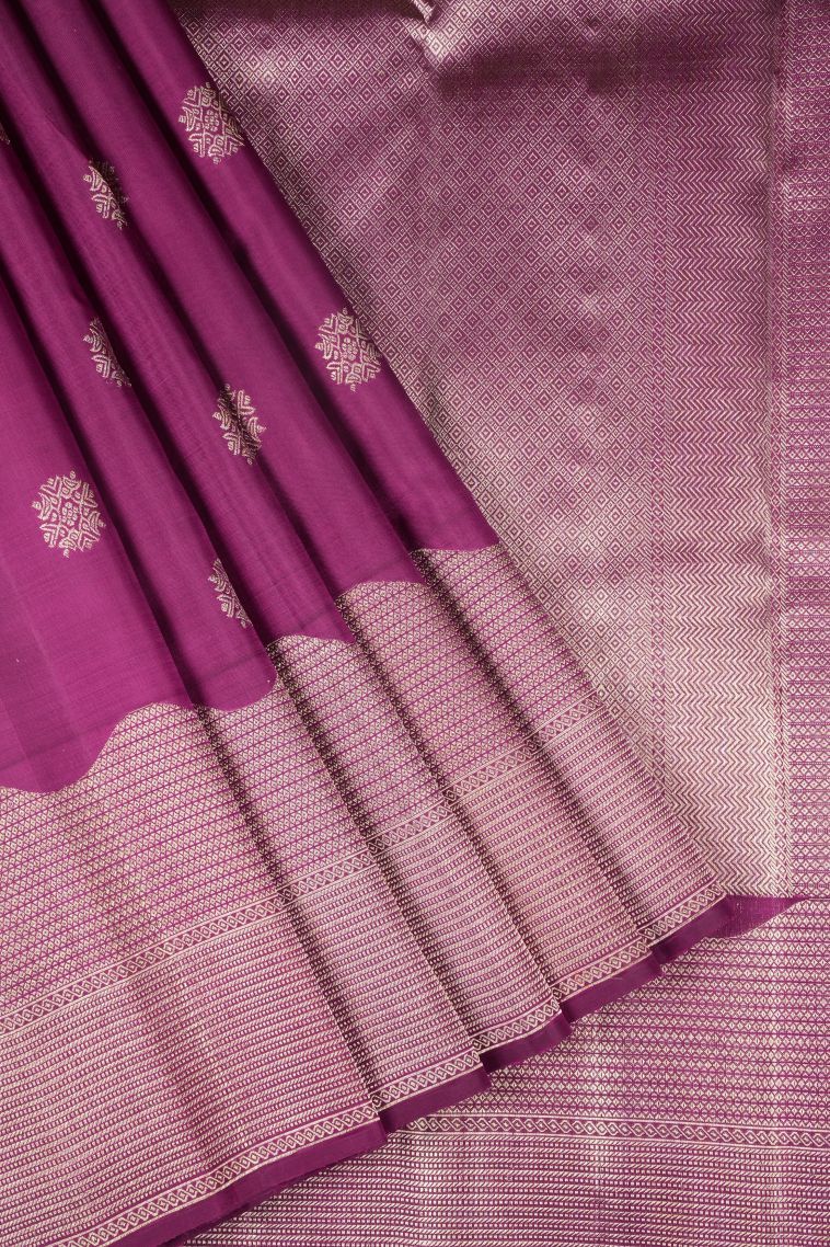 Magenta Purple Kanchipuram Silk Sarees with Gold Zari Buttis (small Dots Or Motifs) view 1