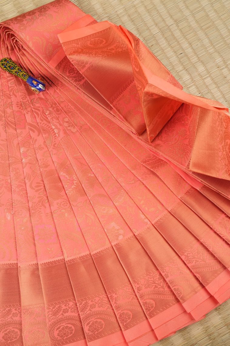 Cantaloupe Orange Visiri Madippu Silk Sarees with Copper Zari Floral Patterns view 1