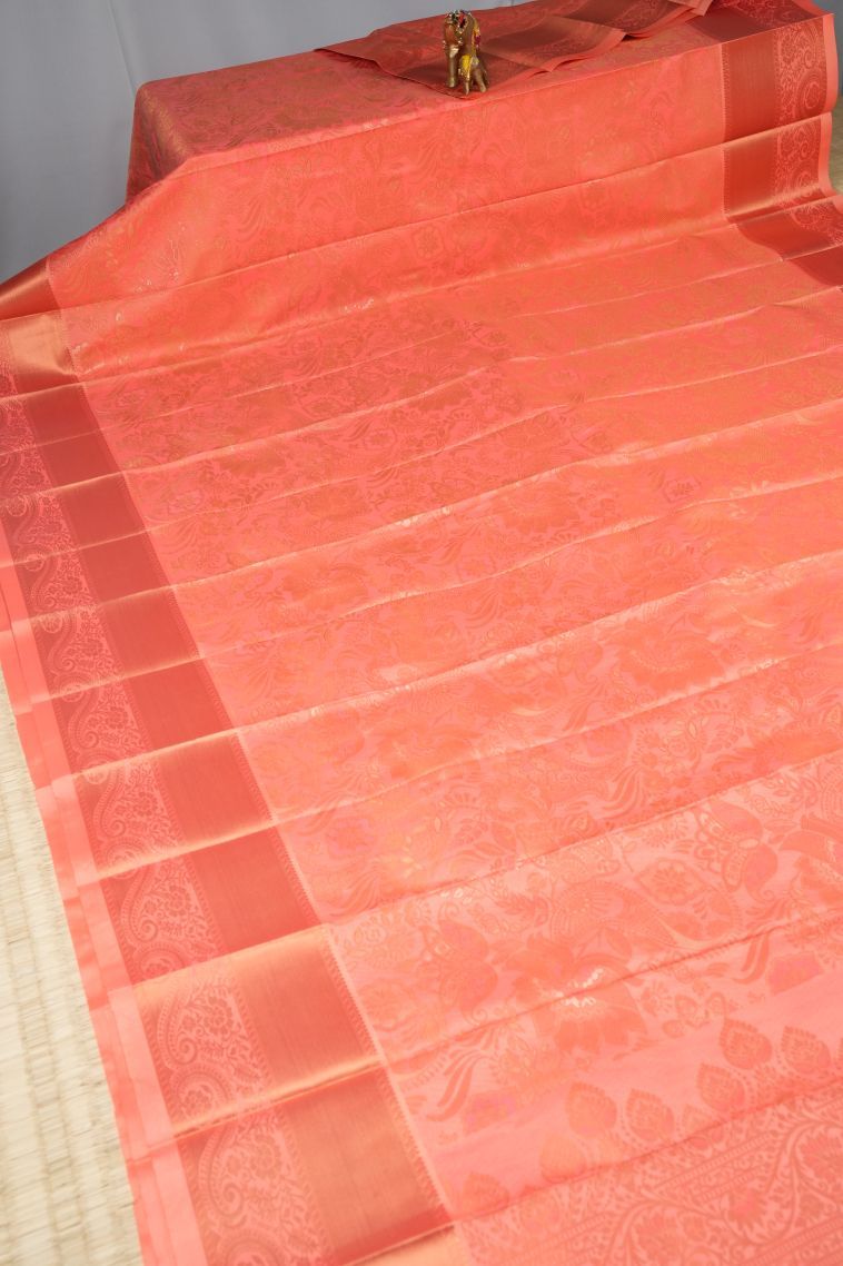 Cantaloupe Orange Visiri Madippu Silk Sarees with Copper Zari Floral Patterns view 2