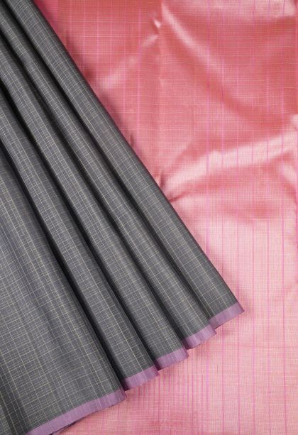 Gray Black Kanchipuram Silk Sarees with Gold Zari Checks