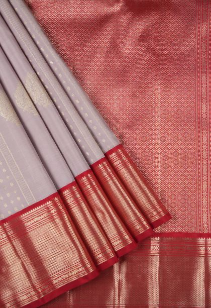 Periwinkle Purple Kanchipuram Silk Sarees with Silver Zari Buttis (small Dots Or Motifs)