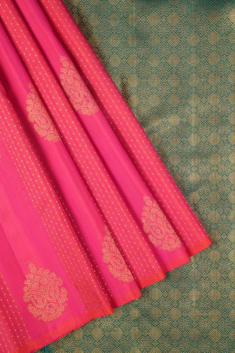 Strawberry Pink Kanchipuram Silk Sarees with Gold Zari Stripes view 1
