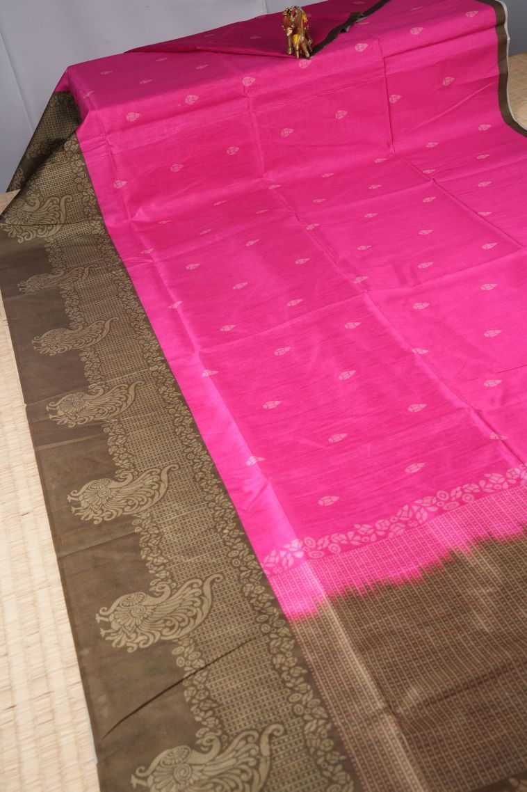 Fuscia Pink Tussar Saree with Without Zari Zari Buttis (small Dots Or Motifs) view 2