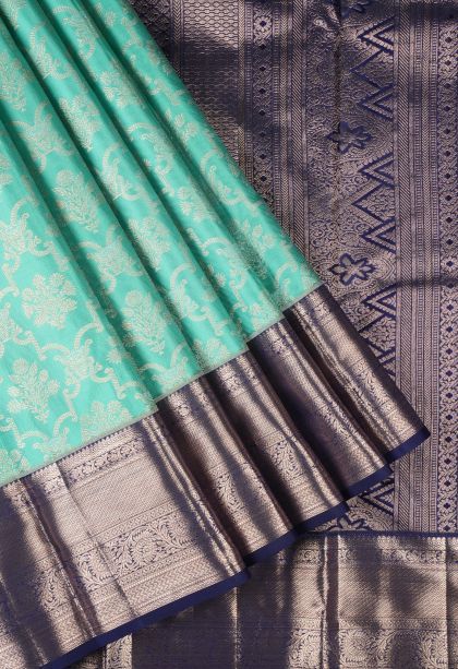 Arctic Blue Kanchipuram Silk Sarees with Gold Zari Floral Patterns