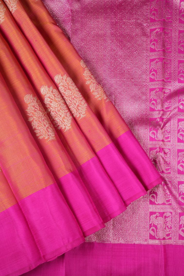 Carrot Orange Kanchipuram Silk Sarees with Gold Zari Floral Patterns view 1