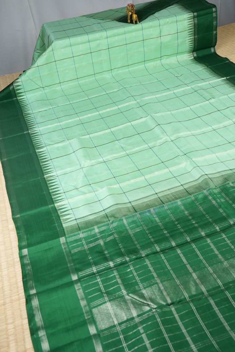 Mint Green Kanchipuram Silk Sarees with Silver Zari Checks view 2