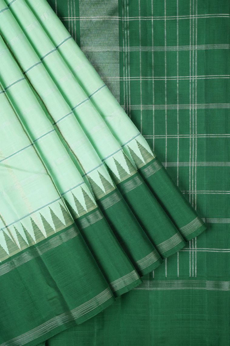 Mint Green Kanchipuram Silk Sarees with Silver Zari Checks view 1