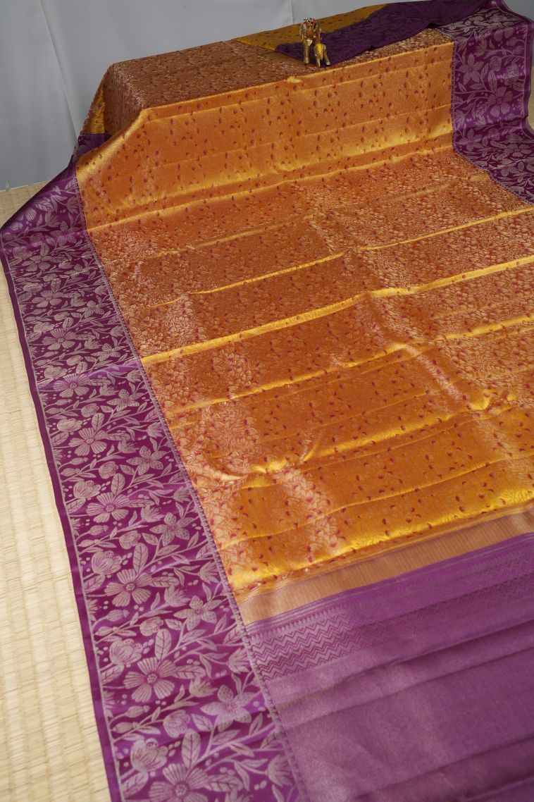 Apricot Orange Kanchipuram Silk Sarees with Silver Zari Floral Patterns view 2
