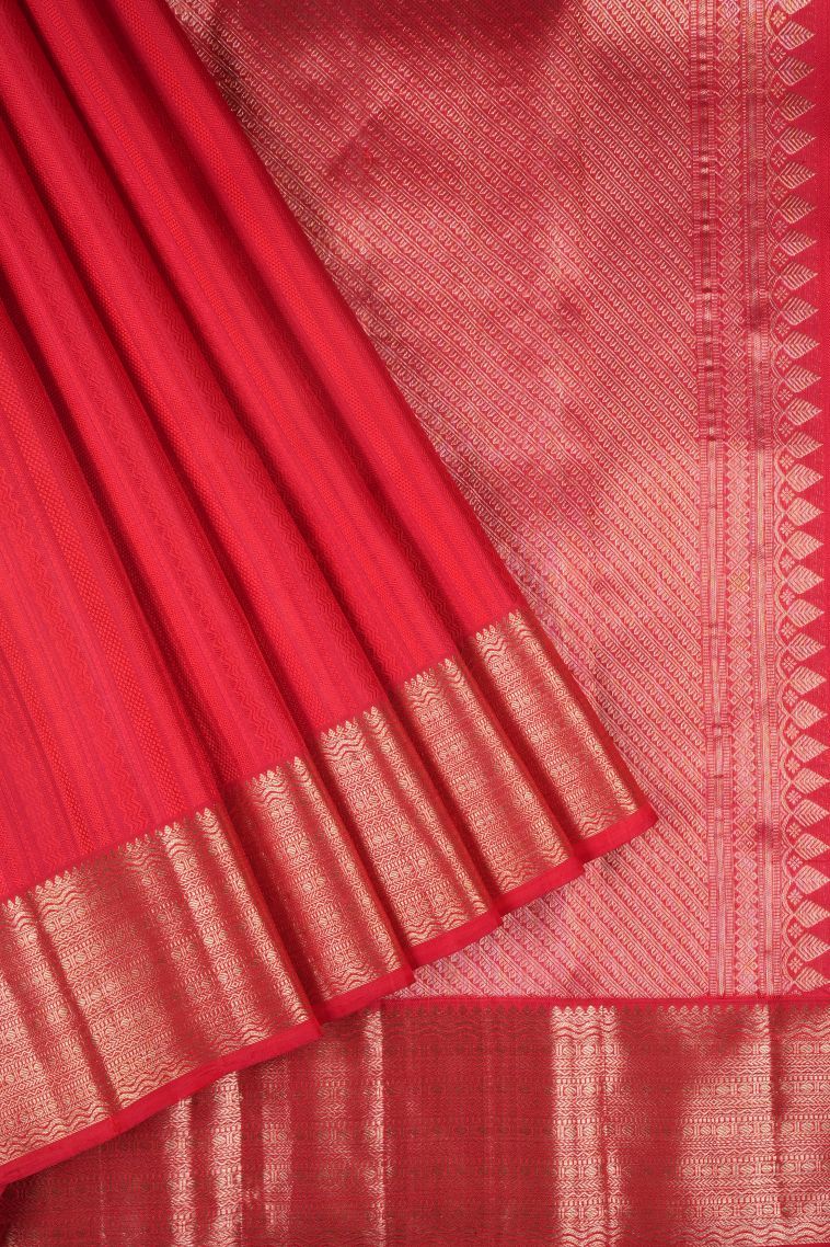 Rose  Red Kanchipuram Silk Sarees with Gold Zari Stripes view 1