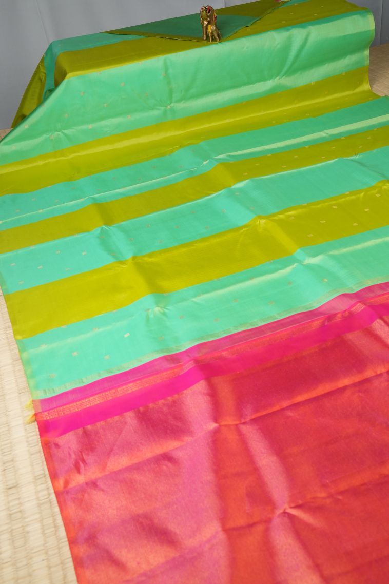 Seafoam Green Kanchipuram Silk Sarees with Gold Zari Stripes view 2
