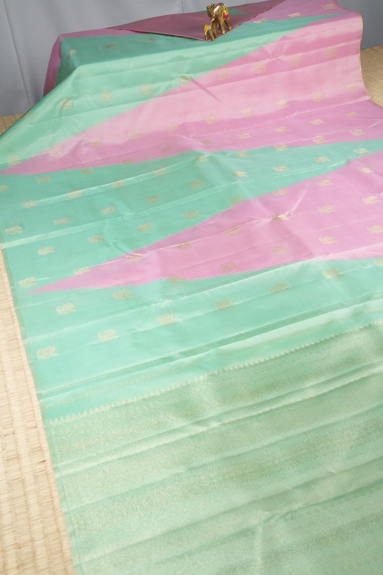 Mint Green Kanchipuram Silk Sarees with Gold Zari Peacock Motifs view 2