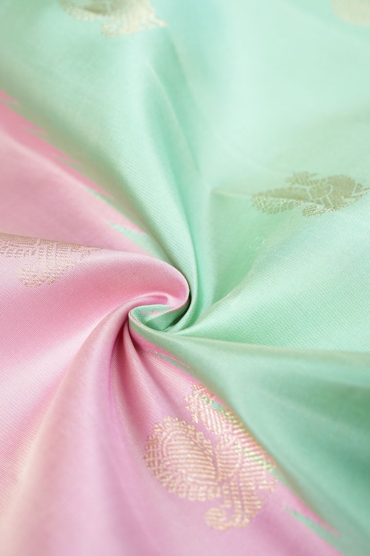 Mint Green Kanchipuram Silk Sarees with Gold Zari Peacock Motifs view 4