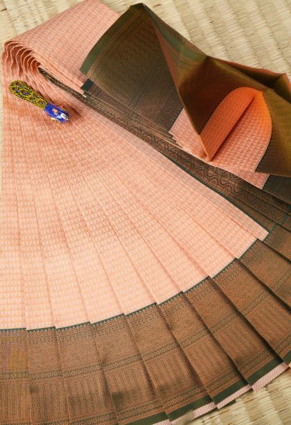 Peach Pink Visiri Madippu Silk Sarees with Copper Zari Floral Patterns