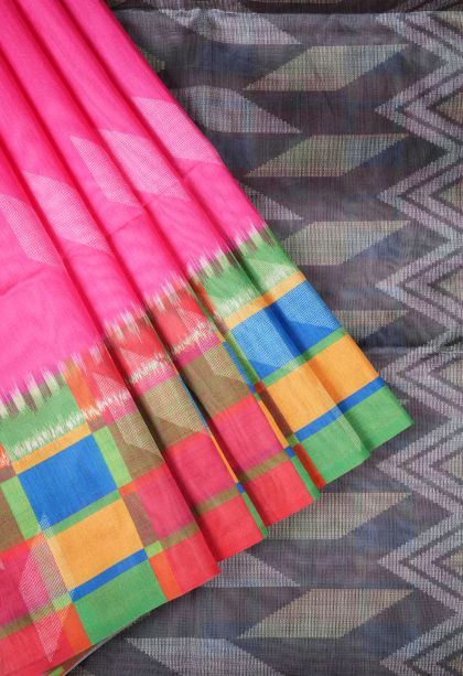 Hot Pink Tussar Saree with Without Zari Zari Buttis (small Dots Or Motifs)