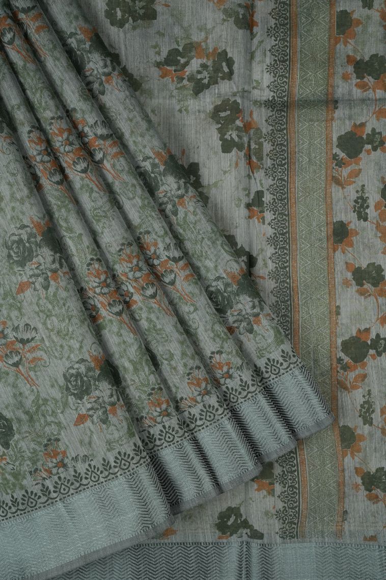 Sage Green Chanderi Cotton Sarees with Without Zari Zari Floral Patterns view 1