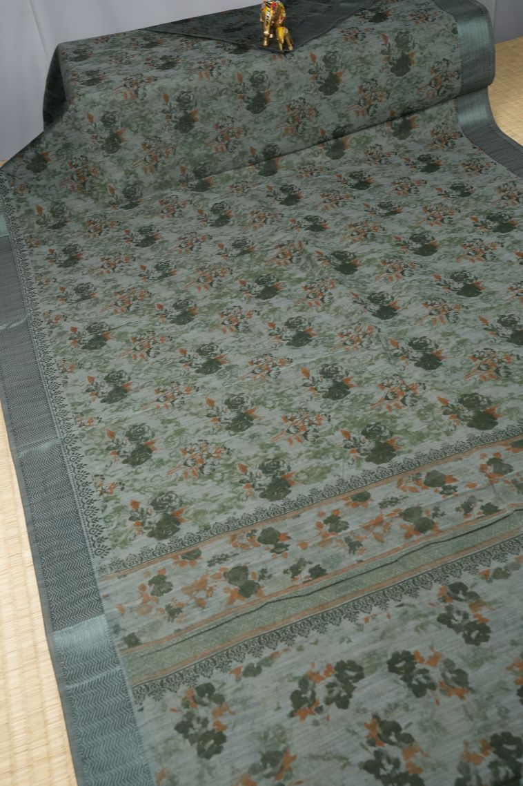 Sage Green Chanderi Cotton Sarees with Without Zari Zari Floral Patterns view 2