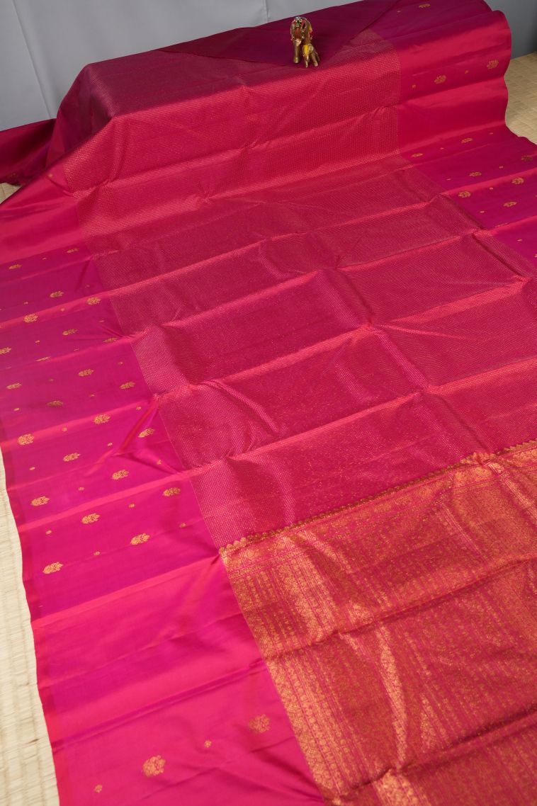 Punch Pink Kanchipuram Silk Sarees with Gold Zari Stripes view 2