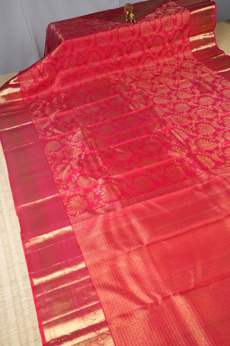 Rose  Red Kanchipuram Silk Sarees with Gold Zari Floral Patterns view 2