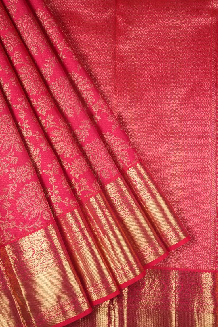 Rose  Red Kanchipuram Silk Sarees with Gold Zari Floral Patterns view 1