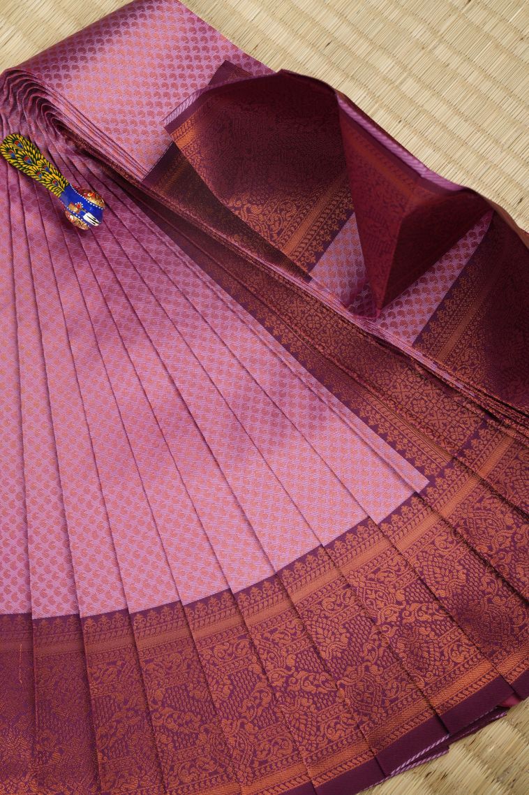 Lean Pink Visiri Madippu Silk Sarees with Copper Zari Floral Patterns view 1