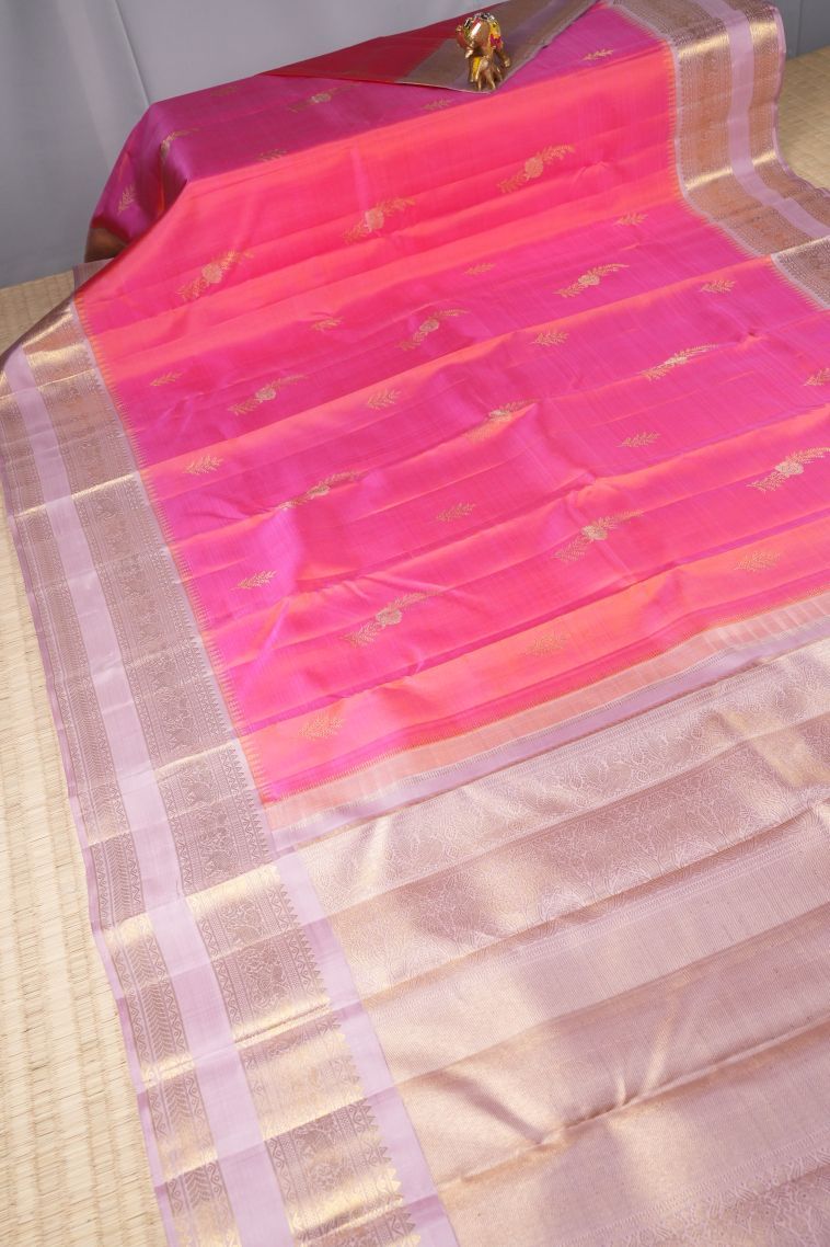 Punch Pink Kanchipuram Silk Sarees with Gold Zari Buttis (small Dots Or Motifs) view 2