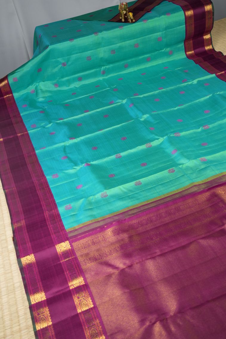 Seafoam Green Kanchipuram Silk Sarees with Gold Zari Peacock Motifs view 2