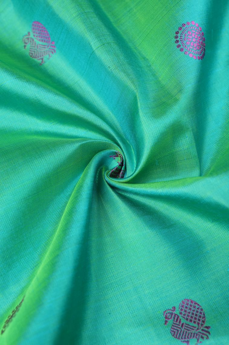 Seafoam Green Kanchipuram Silk Sarees with Gold Zari Peacock Motifs view 4